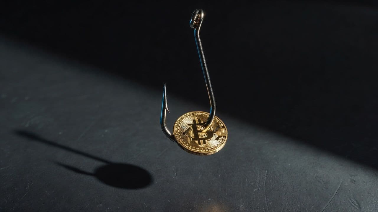 Fishhook baited with a cryptocurrency coin, illustrating a crypto recovery scam